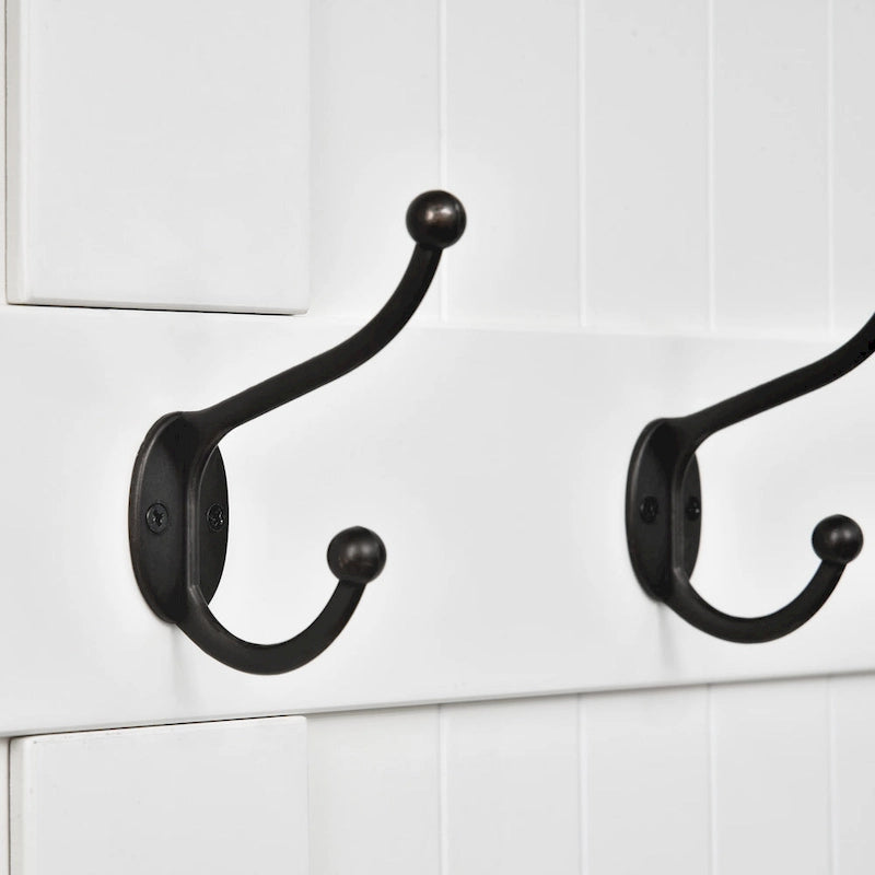 Appendiabiti/Mobiletto da ingresso bianco crema con panca contenitore e 5 ganci doppi, per 1 persona