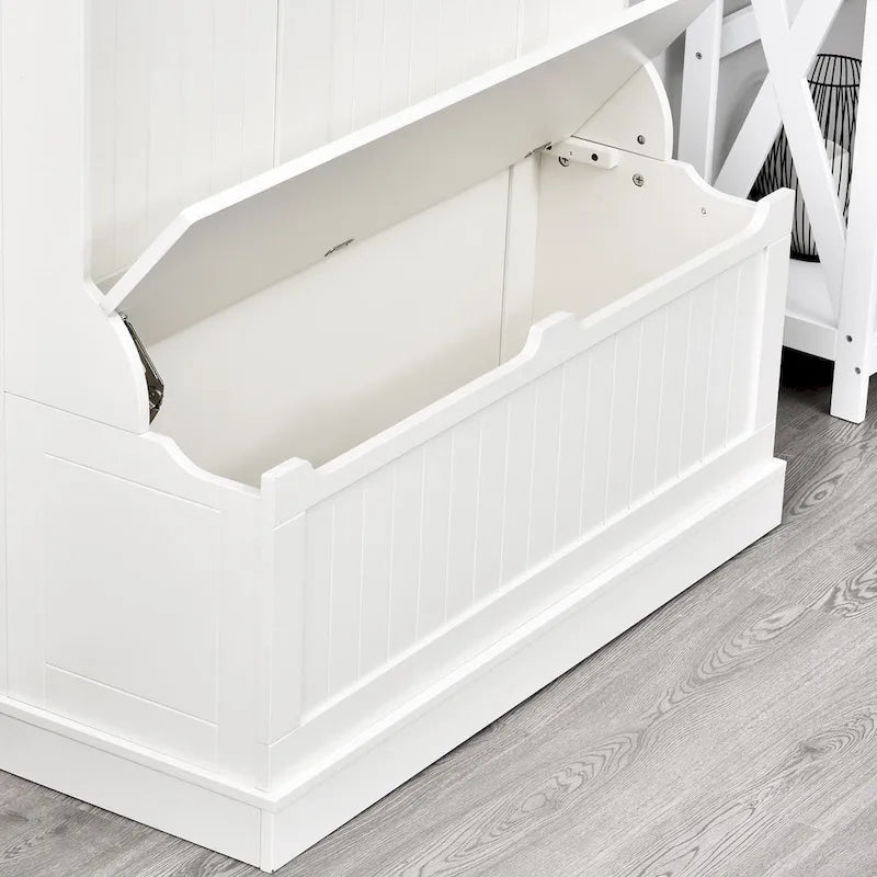 Appendiabiti/Mobiletto da ingresso bianco crema con panca contenitore e 5 ganci doppi, per 1 persona