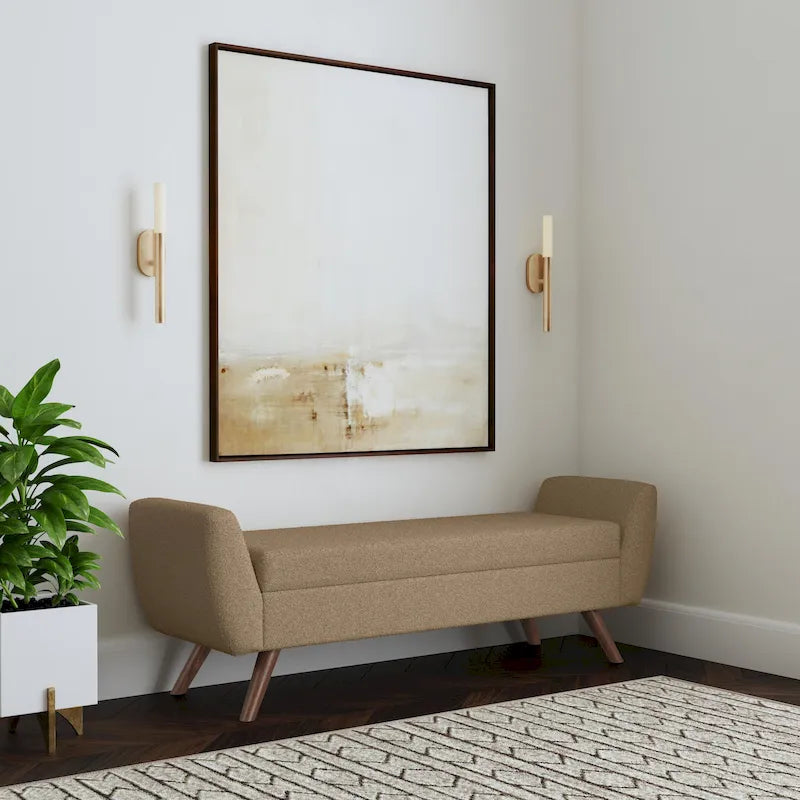 Panca portaoggetti con gambe in legno, 152 cm, rivestita in crema/oliva/blu/marrone