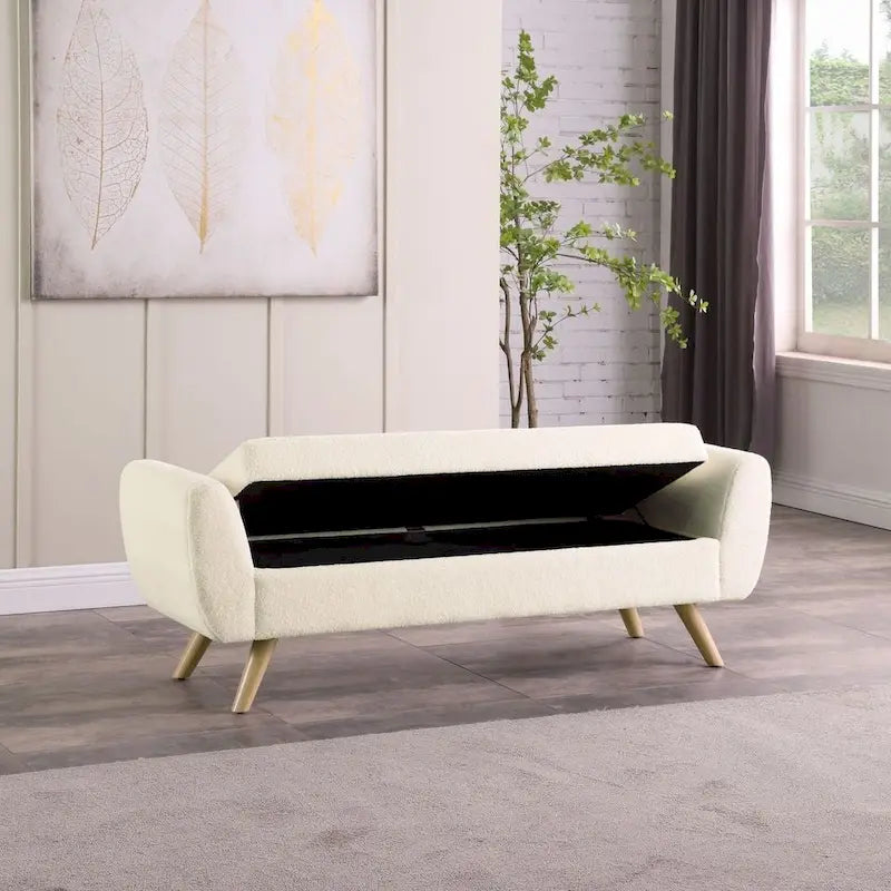 Panca portaoggetti con gambe in legno, 152 cm, rivestita in crema/oliva/blu/marrone