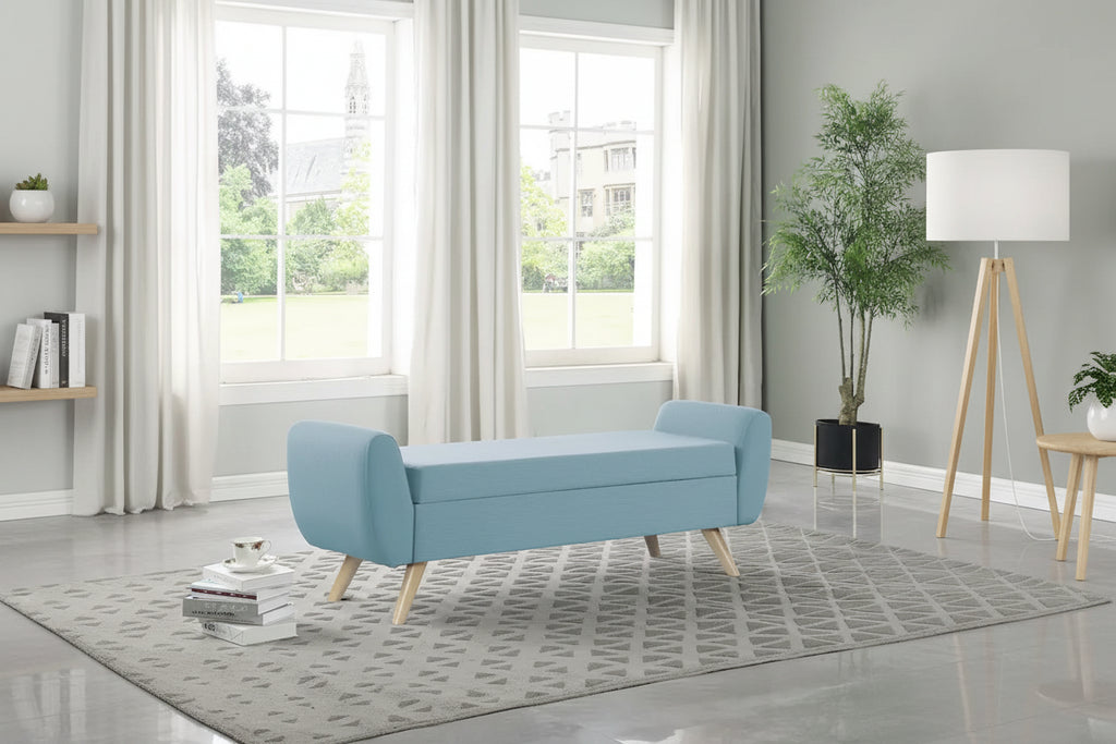 Panca portaoggetti con gambe in legno, 152 cm, rivestita in crema/oliva/blu/marrone