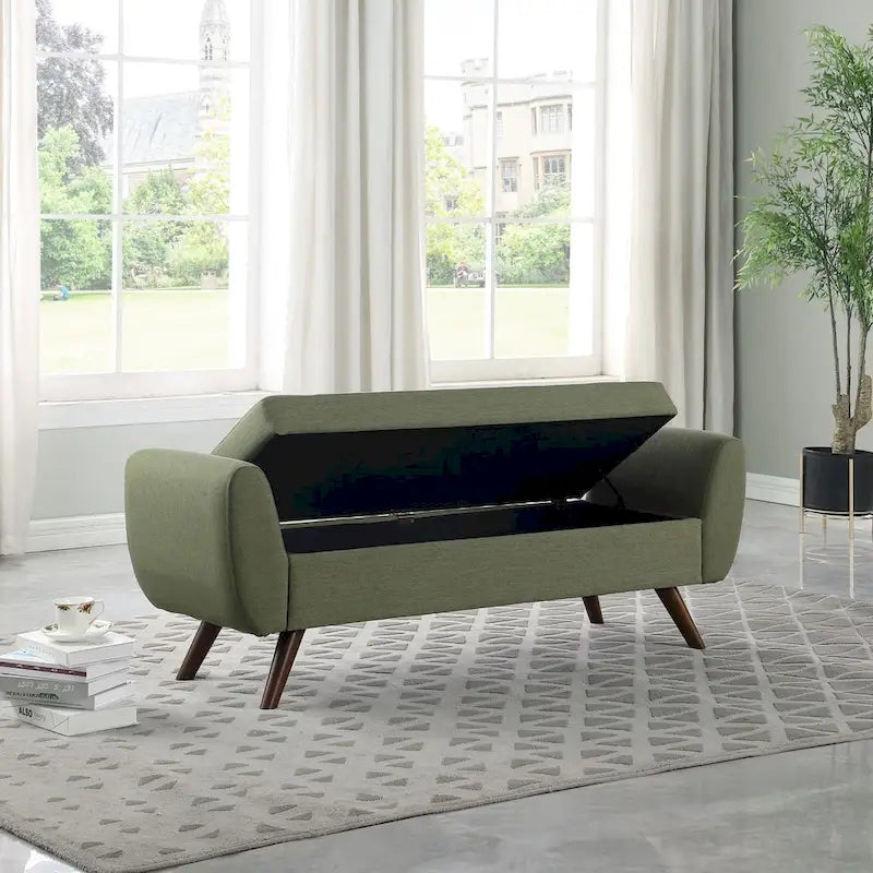 Panca portaoggetti con gambe in legno, 152 cm, rivestita in crema/oliva/blu/marrone