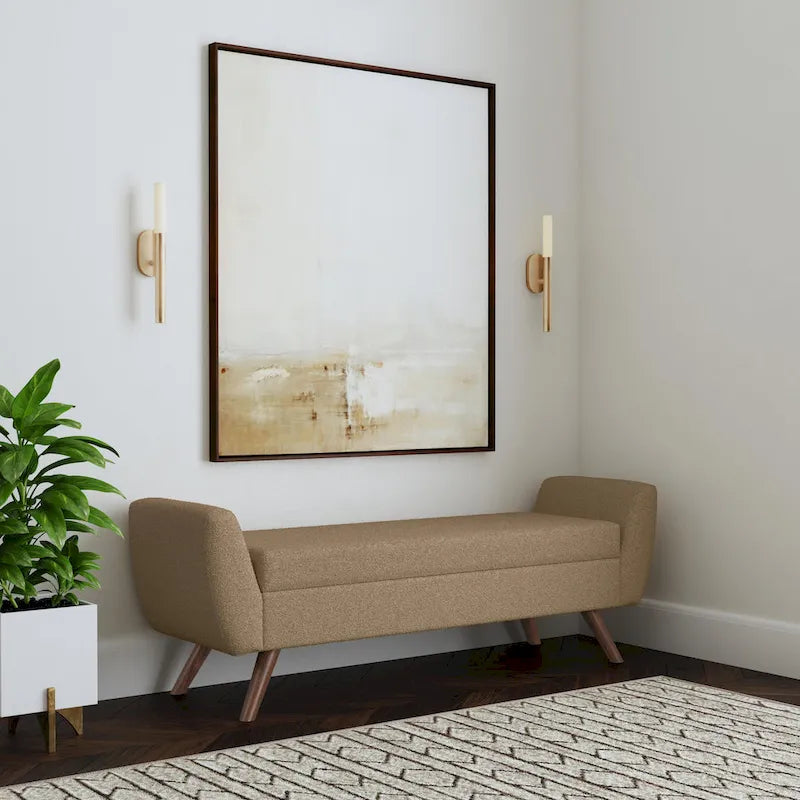 Panca portaoggetti con gambe in legno, 152 cm, rivestita in crema/oliva/blu/marrone
