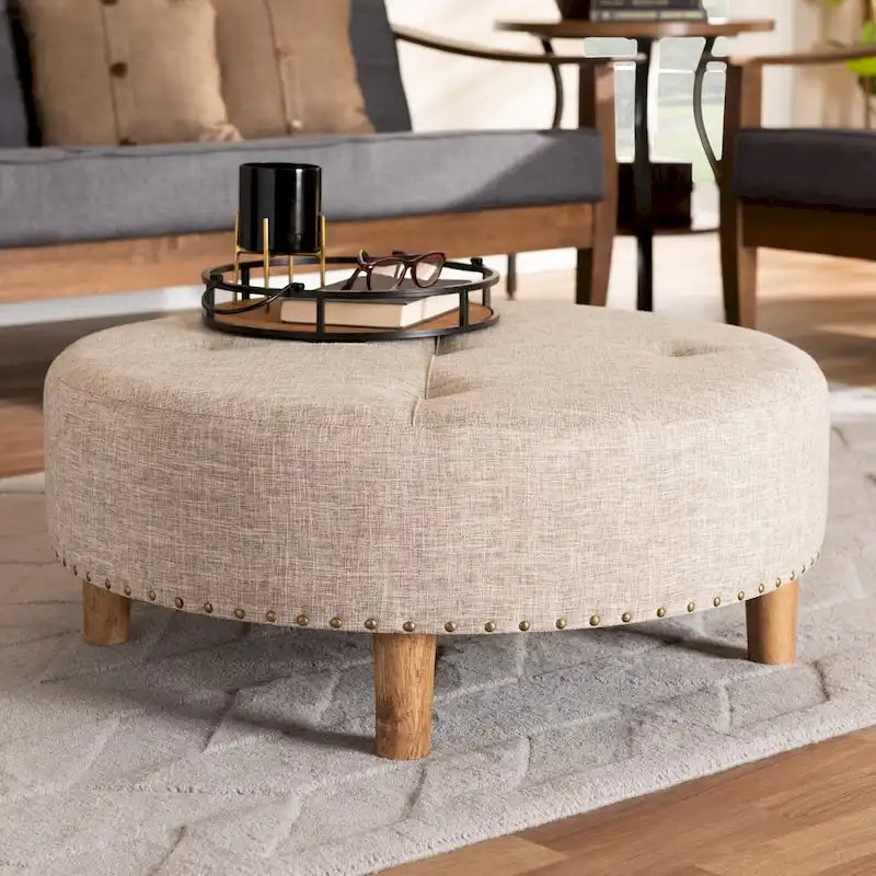 Pouf/Ottoman rotondo trapuntato beige/grigio, stile contemporaneo, 1 posto