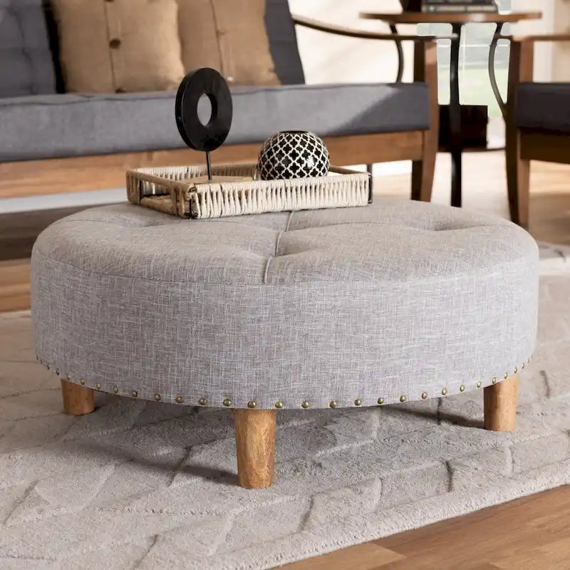 Pouf/Ottoman rotondo trapuntato beige/grigio, stile contemporaneo, 1 posto
