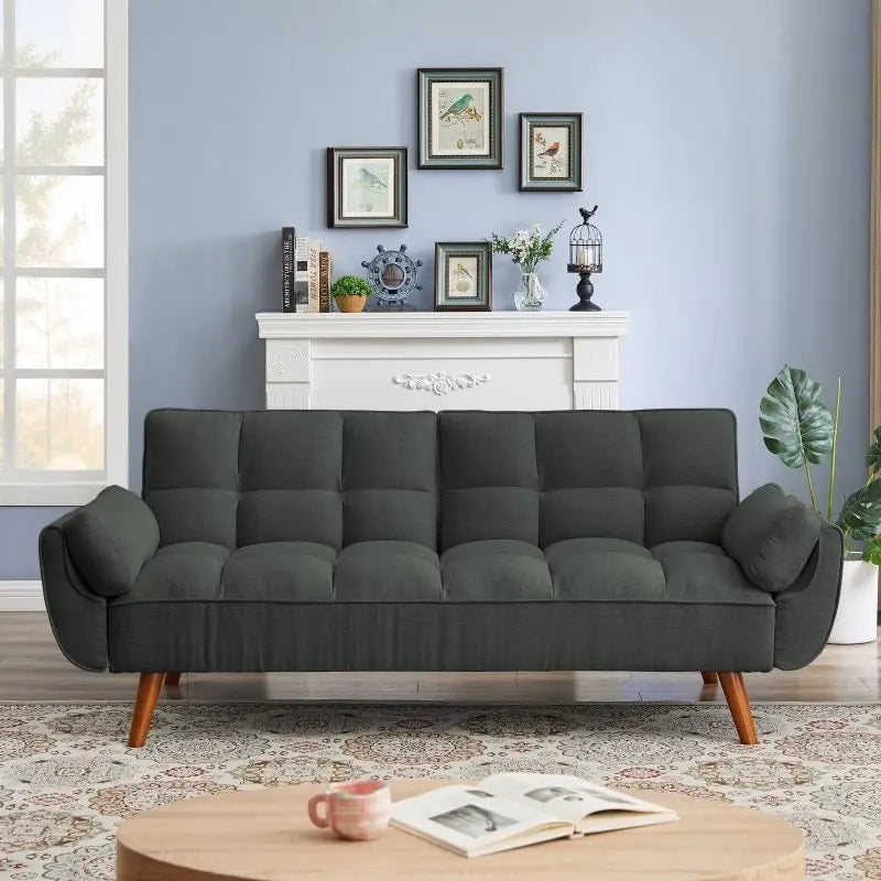 Divano letto futon convertibile a 2 posti da 190 cm grigio scuro/giallo/grigio/beige/verde, schienale reclinabile diviso