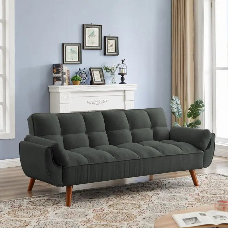 Divano letto futon convertibile a 2 posti da 190 cm grigio scuro/giallo/grigio/beige/verde, schienale reclinabile diviso