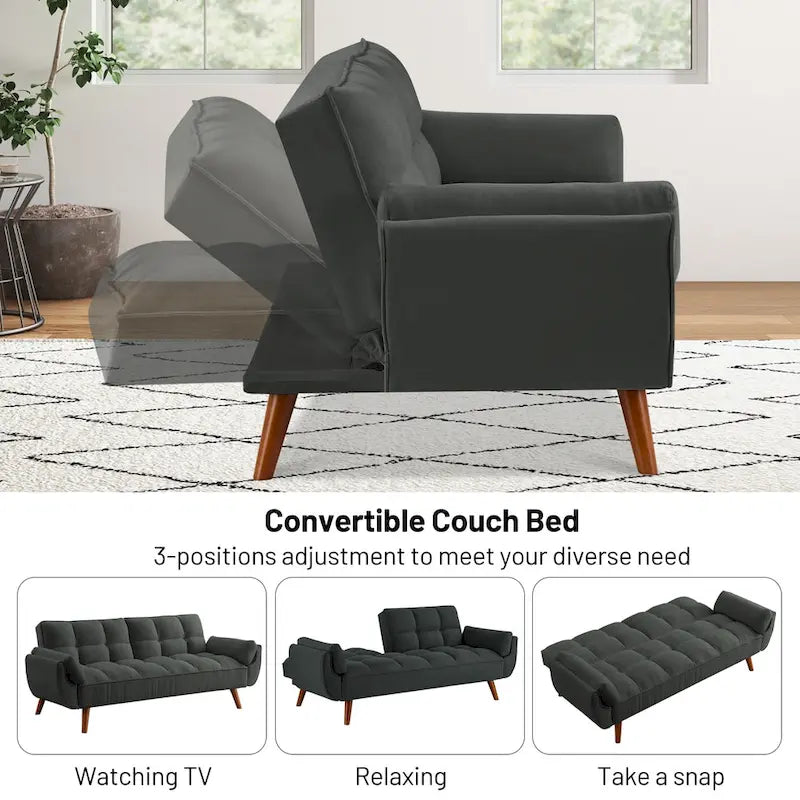 Divano letto futon convertibile a 2 posti da 190 cm grigio scuro/giallo/grigio/beige/verde, schienale reclinabile diviso