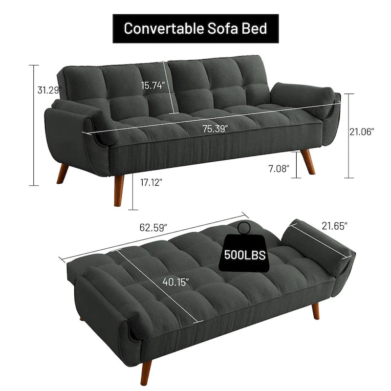 Divano letto futon convertibile a 2 posti da 190 cm grigio scuro/giallo/grigio/beige/verde, schienale reclinabile diviso