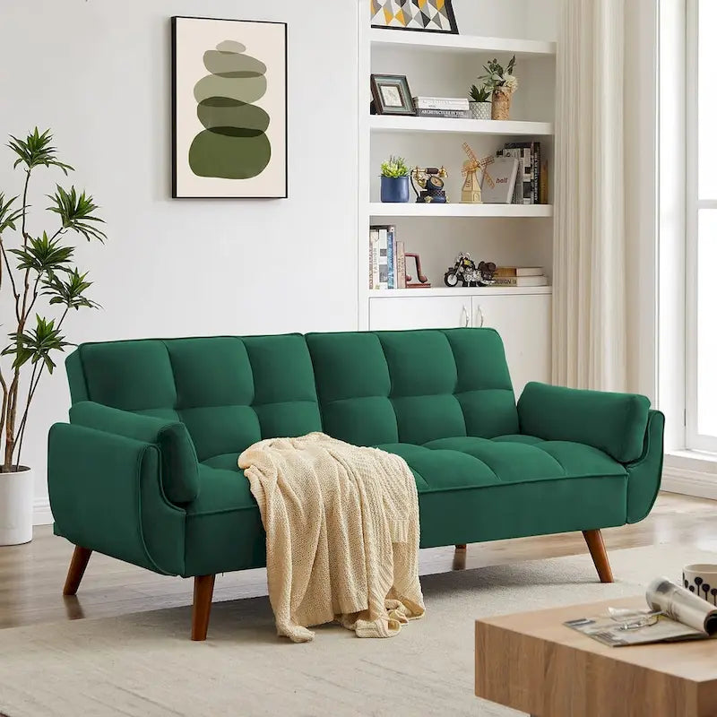 Divano letto futon convertibile a 2 posti da 190 cm grigio scuro/giallo/grigio/beige/verde, schienale reclinabile diviso