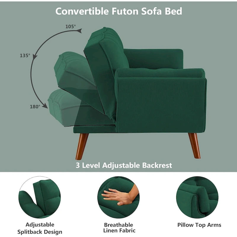 Divano letto futon convertibile a 2 posti da 190 cm grigio scuro/giallo/grigio/beige/verde, schienale reclinabile diviso