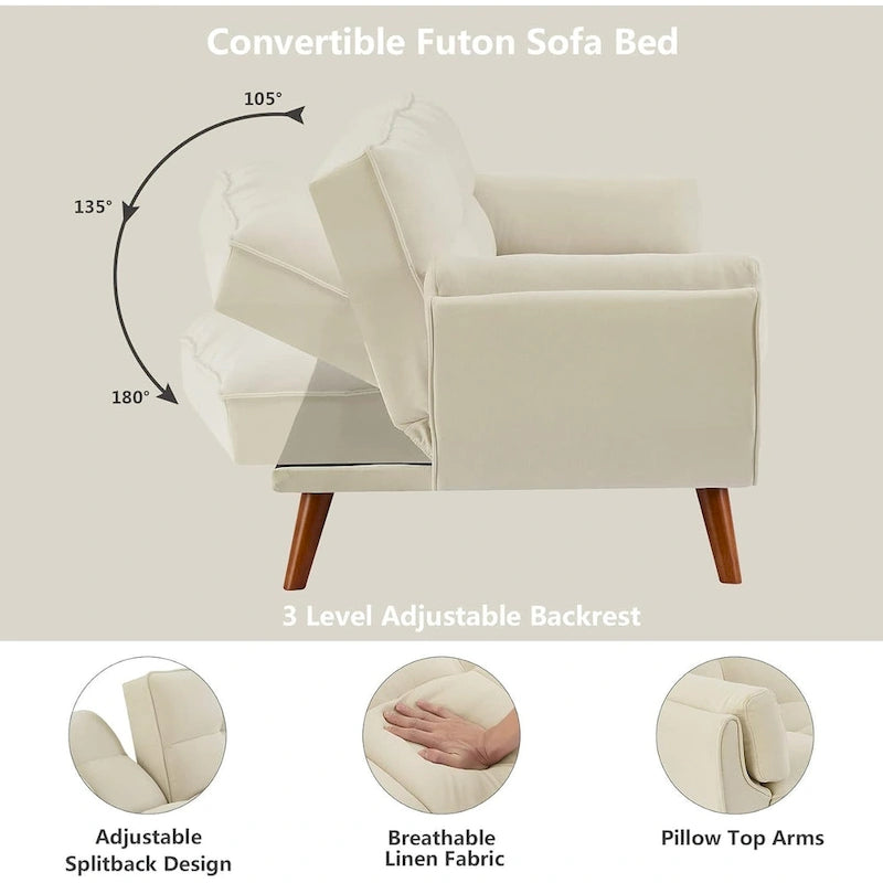 Divano letto futon convertibile a 2 posti da 190 cm grigio scuro/giallo/grigio/beige/verde, schienale reclinabile diviso
