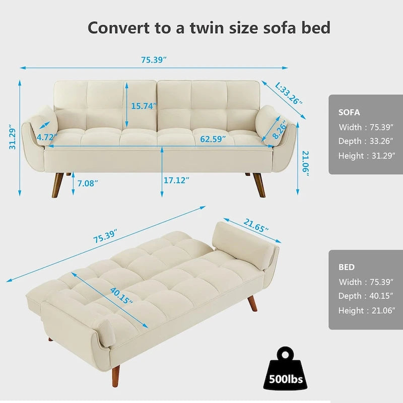 Divano letto futon convertibile a 2 posti da 190 cm grigio scuro/giallo/grigio/beige/verde, schienale reclinabile diviso
