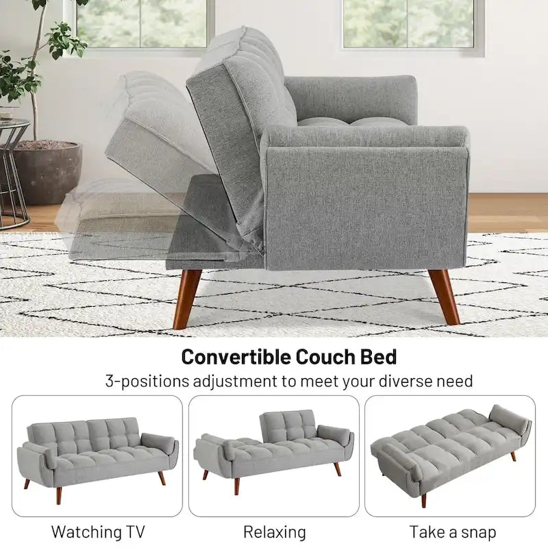 Divano letto futon convertibile a 2 posti da 190 cm grigio scuro/giallo/grigio/beige/verde, schienale reclinabile diviso
