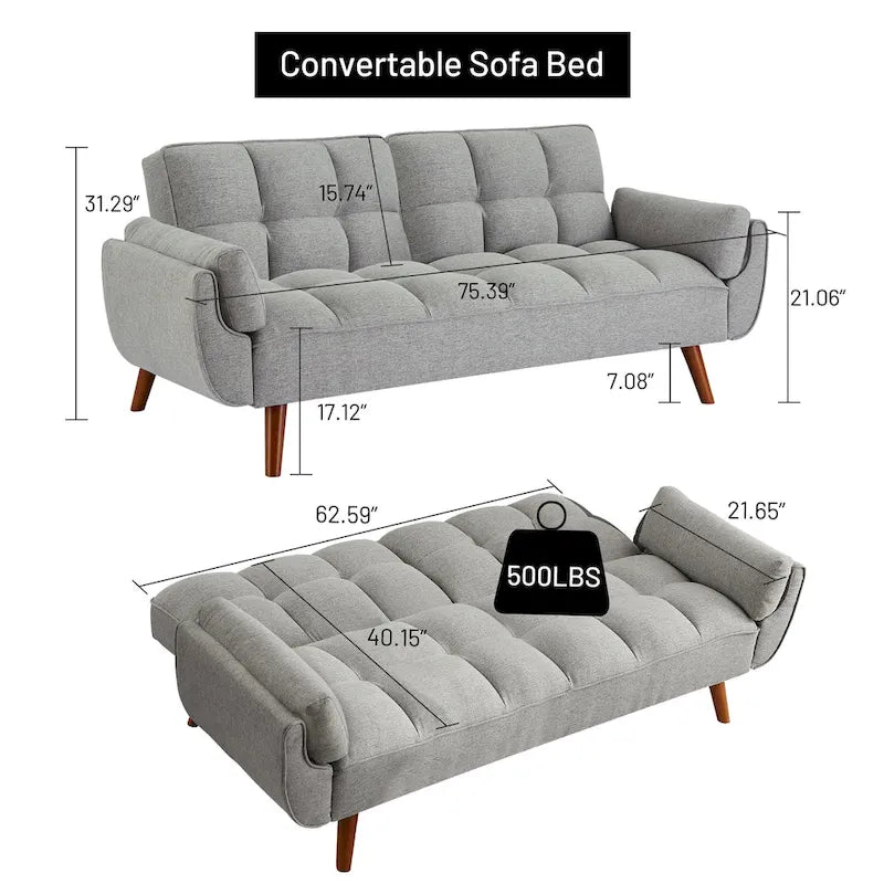 Divano letto futon convertibile a 2 posti da 190 cm grigio scuro/giallo/grigio/beige/verde, schienale reclinabile diviso