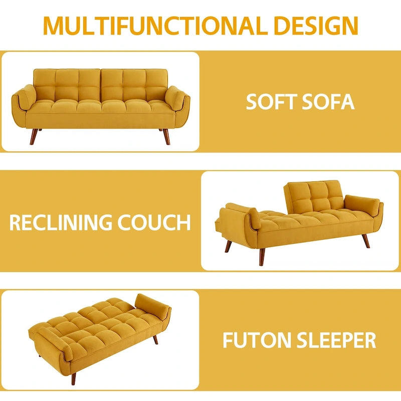 Divano letto futon convertibile a 2 posti da 190 cm grigio scuro/giallo/grigio/beige/verde, schienale reclinabile diviso