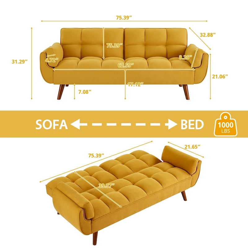 Divano letto futon convertibile a 2 posti da 190 cm grigio scuro/giallo/grigio/beige/verde, schienale reclinabile diviso