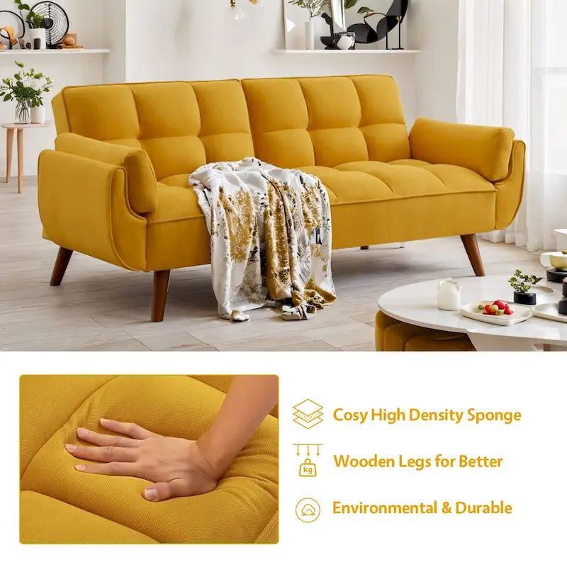 Divano letto futon convertibile a 2 posti da 190 cm grigio scuro/giallo/grigio/beige/verde, schienale reclinabile diviso