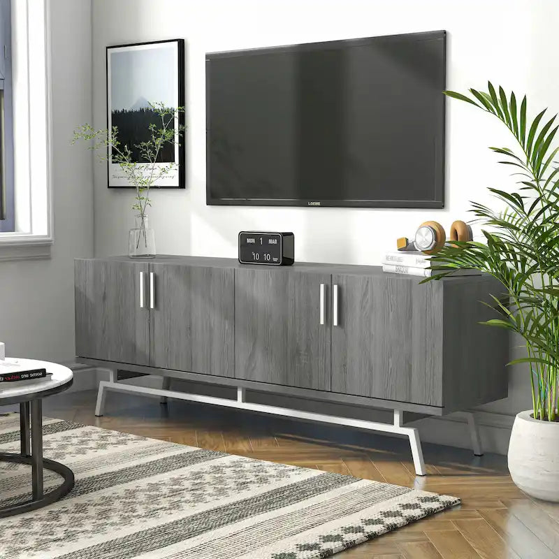 Mobile TV da 60" con armadietto a 4 ante, base in metallo – Grigio anticato/Argento o Rovere bianco/Nero