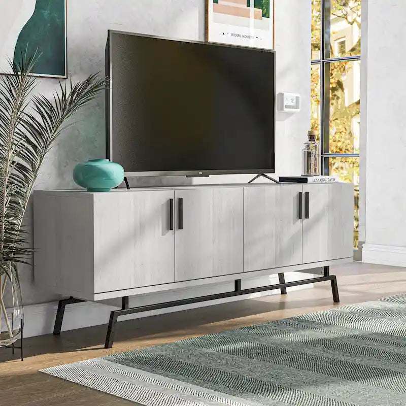 Mobile TV da 60" con armadietto a 4 ante, base in metallo – Grigio anticato/Argento o Rovere bianco/Nero