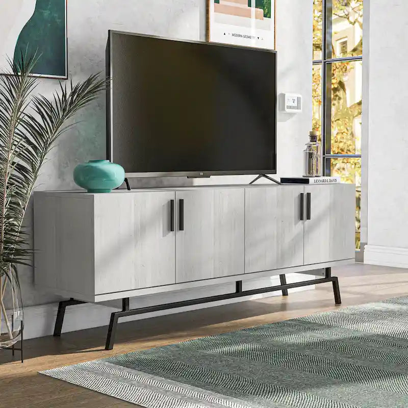 Mobile TV da 60" con armadietto a 4 ante, base in metallo – Grigio anticato/Argento o Rovere bianco/Nero