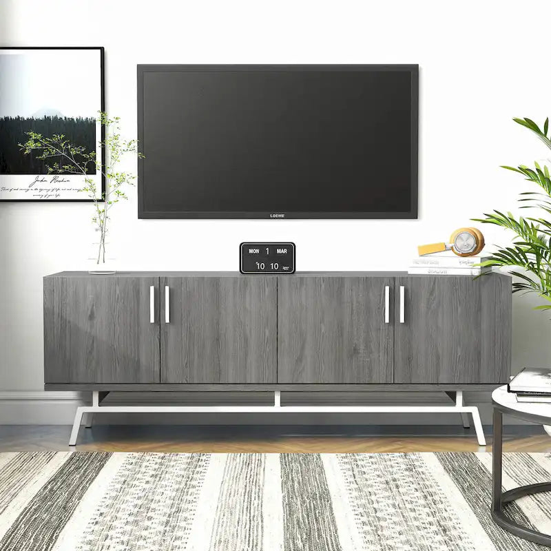 Mobile TV da 60" con armadietto a 4 ante, base in metallo – Grigio anticato/Argento o Rovere bianco/Nero