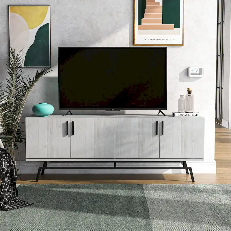 Mobile TV da 60" con armadietto a 4 ante, base in metallo – Grigio anticato/Argento o Rovere bianco/Nero