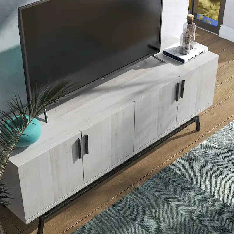Mobile TV da 60" con armadietto a 4 ante, base in metallo – Grigio anticato/Argento o Rovere bianco/Nero