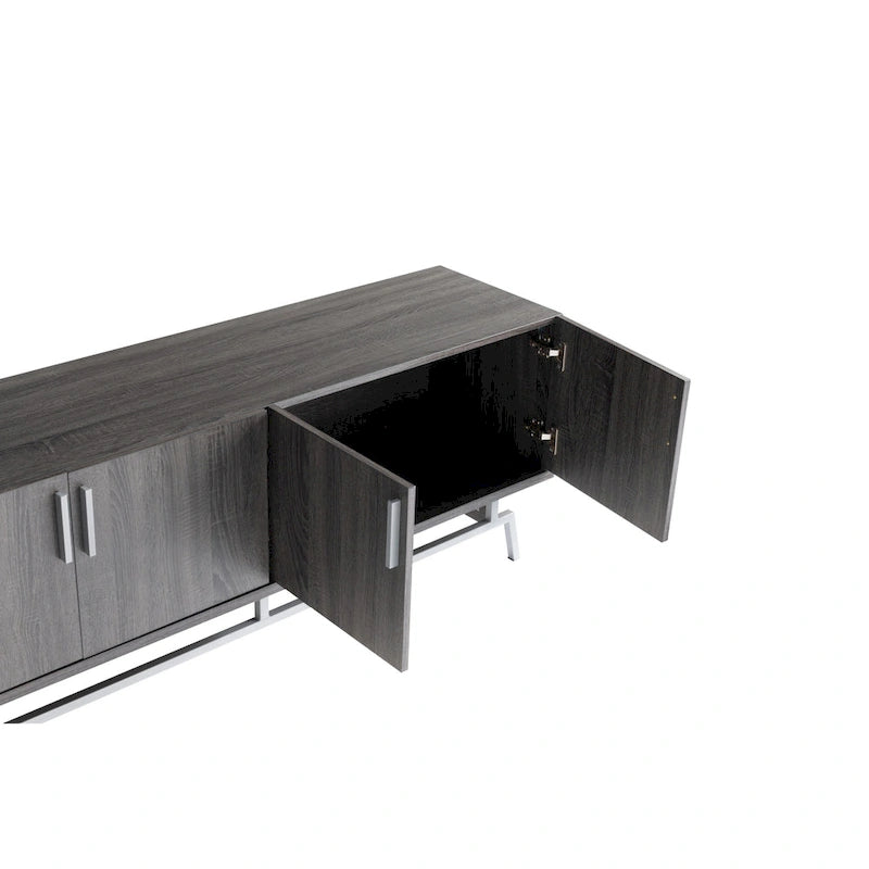 Mobile TV da 60" con armadietto a 4 ante, base in metallo – Grigio anticato/Argento o Rovere bianco/Nero