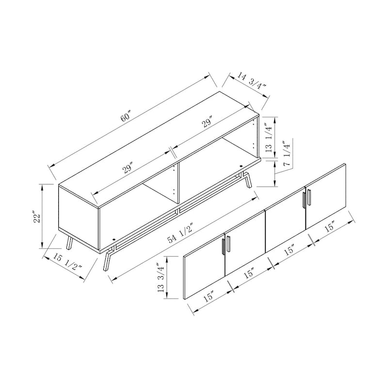 Mobile TV da 60" con armadietto a 4 ante, base in metallo – Grigio anticato/Argento o Rovere bianco/Nero
