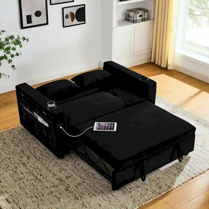 Divano Letto Estraibile Nero, Recliner 3-in-1, 2 Posti