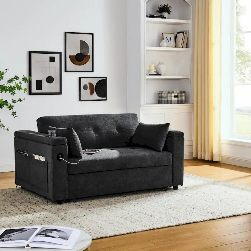 Divano Letto Estraibile Nero, Recliner 3-in-1, 2 Posti
