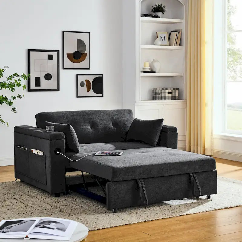 Divano Letto Estraibile Nero, Recliner 3-in-1, 2 Posti