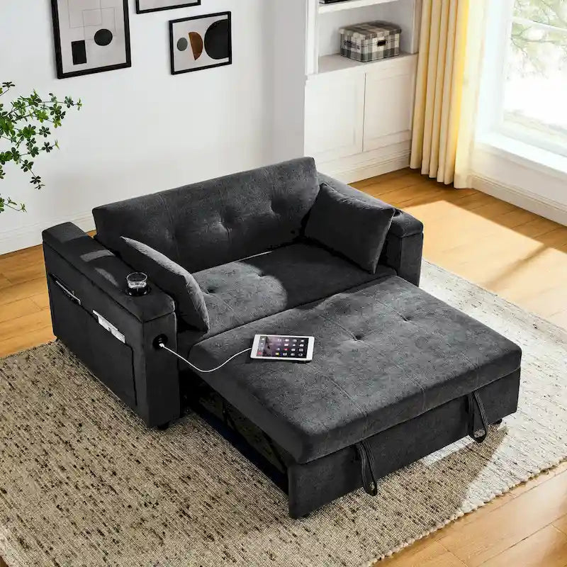 Divano Letto Estraibile Nero, Recliner 3-in-1, 2 Posti