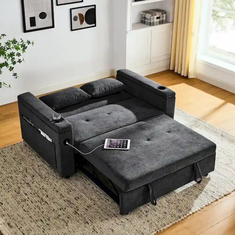 Divano Letto Estraibile Nero, Recliner 3-in-1, 2 Posti