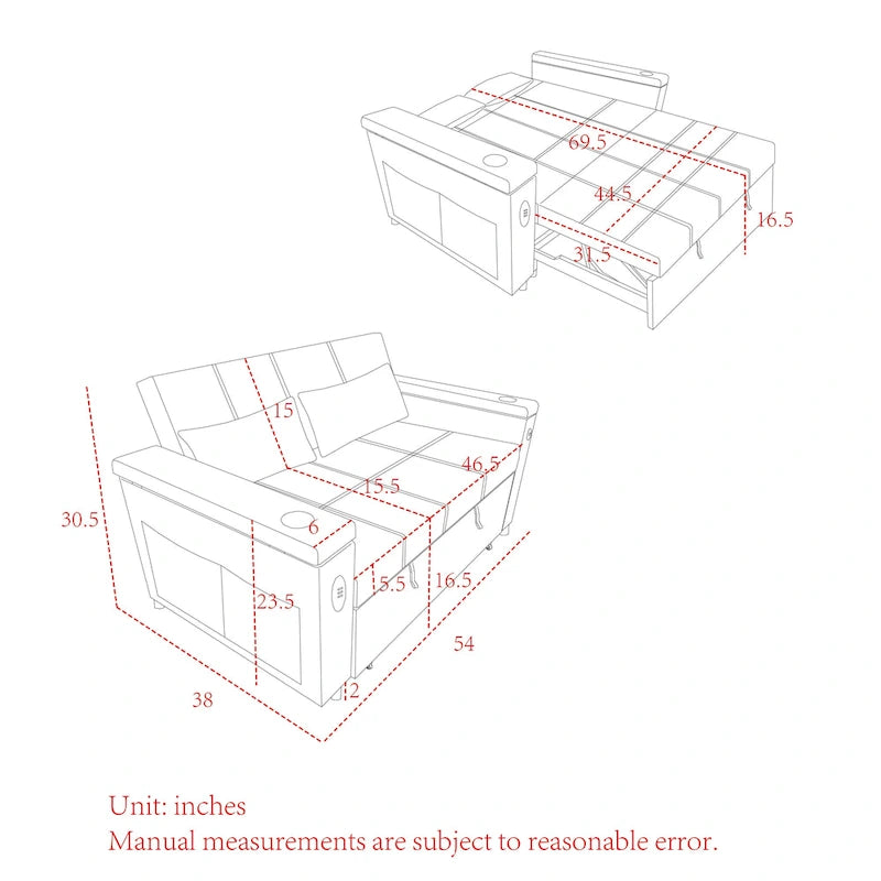 Divano Letto Estraibile Nero, Recliner 3-in-1, 2 Posti
