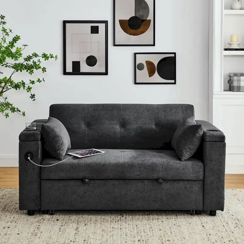 Divano Letto Estraibile Nero, Recliner 3-in-1, 2 Posti