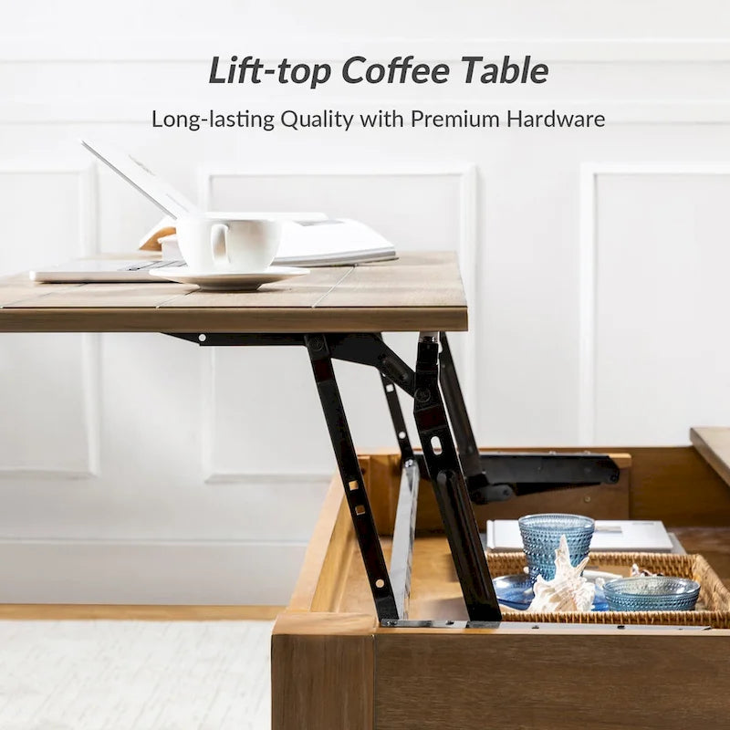 Tavolino da caffè sollevabile Natural / Acorn con vano portaoggetti, Legno massello e MDF