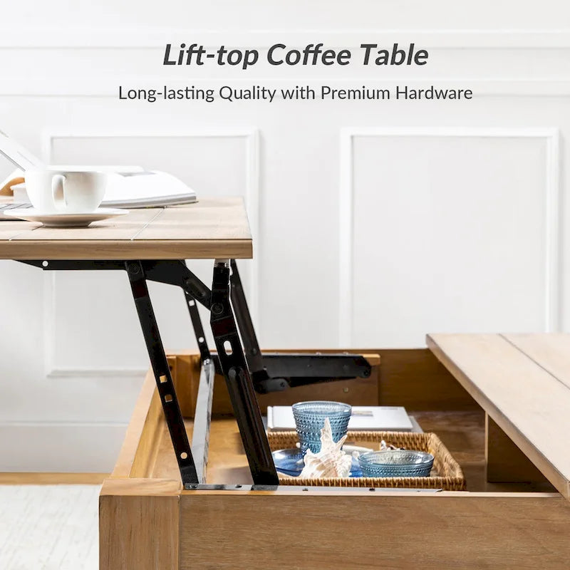 Tavolino da caffè sollevabile Natural / Acorn con vano portaoggetti, Legno massello e MDF