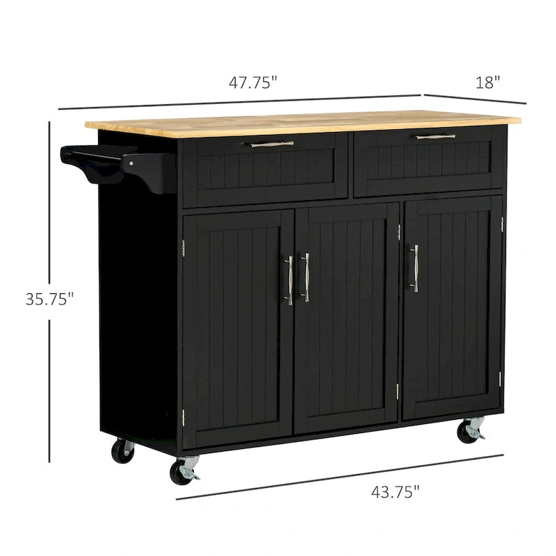 Carrello da cucina su ruote nero/bianco/grigio con cassetti, armadietti e portasciugamani