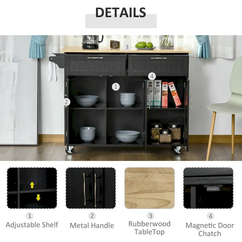 Carrello da cucina su ruote nero/bianco/grigio con cassetti, armadietti e portasciugamani