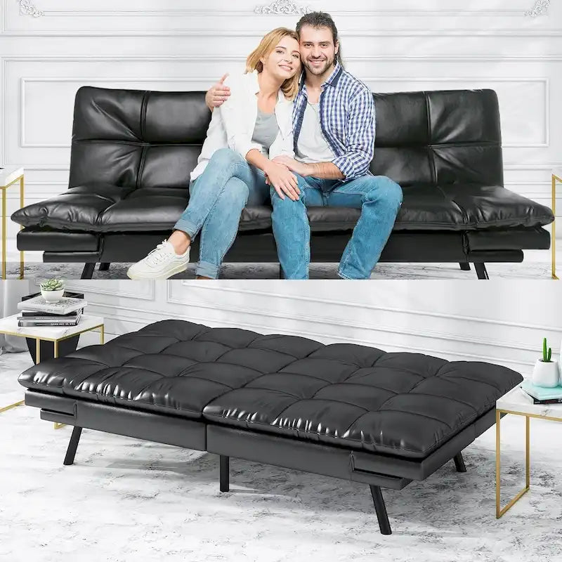 Divano letto futon convertibile in pelle nera/tessuto grigio con braccioli regolabili, 2 posti