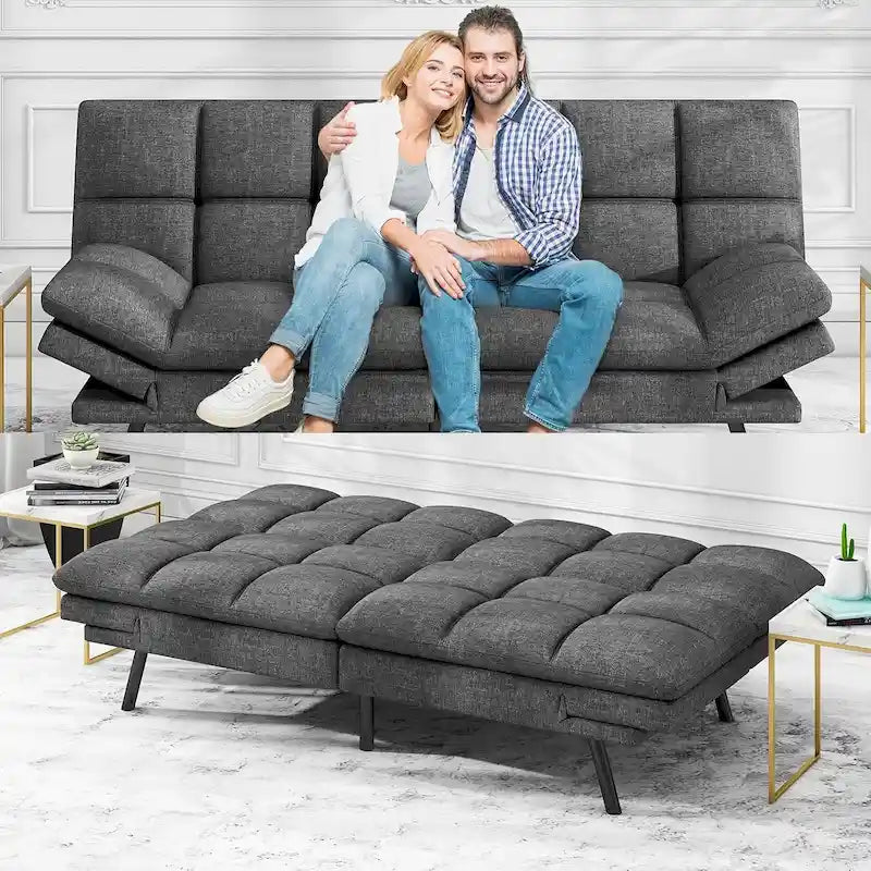 Divano letto futon convertibile in pelle nera/tessuto grigio con braccioli regolabili, 2 posti