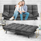 Divano letto futon convertibile in pelle nera/tessuto grigio con braccioli regolabili, 2 posti