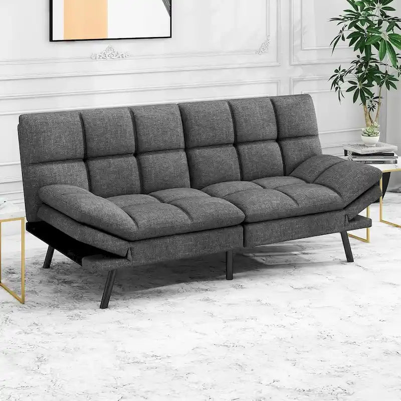 Divano letto futon convertibile in pelle nera/tessuto grigio con braccioli regolabili, 2 posti