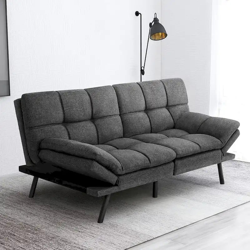 Divano letto futon convertibile in pelle nera/tessuto grigio con braccioli regolabili, 2 posti