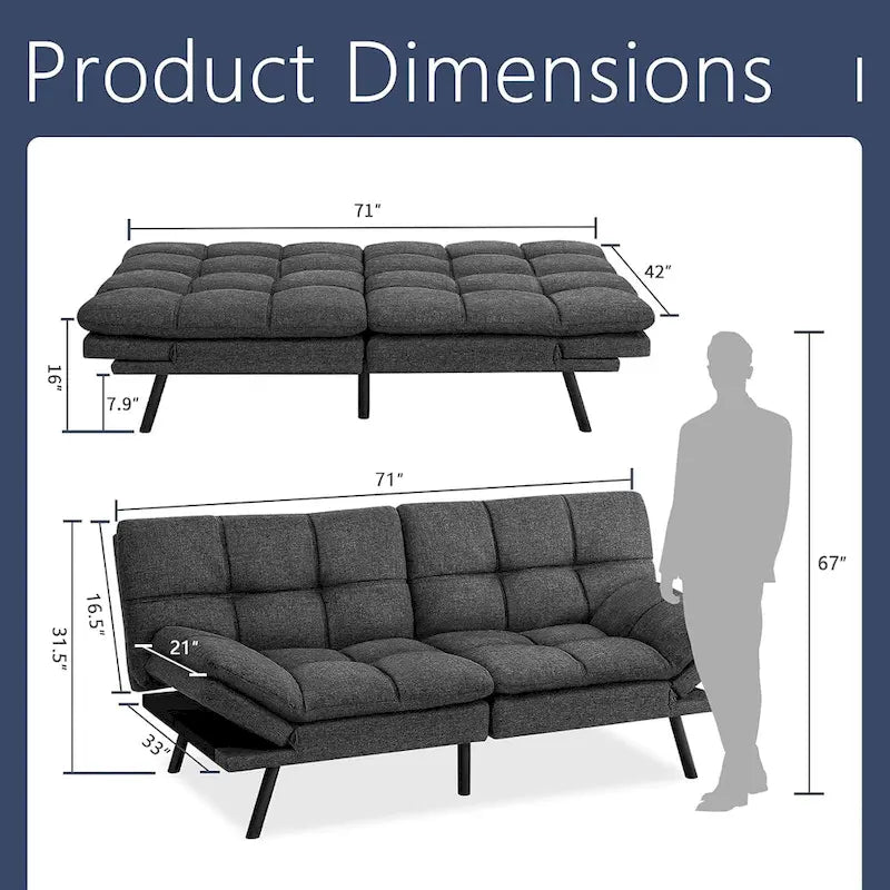 Divano letto futon convertibile in pelle nera/tessuto grigio con braccioli regolabili, 2 posti