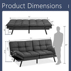 Divano letto futon convertibile in pelle nera/tessuto grigio con braccioli regolabili, 2 posti