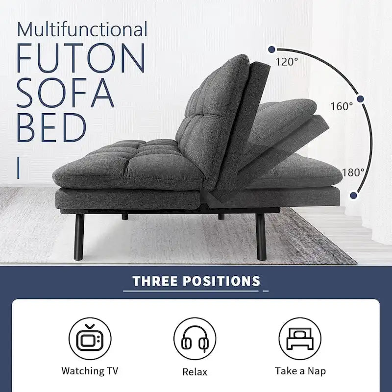 Divano letto futon convertibile in pelle nera/tessuto grigio con braccioli regolabili, 2 posti