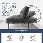 Divano letto futon convertibile in pelle nera/tessuto grigio con braccioli regolabili, 2 posti